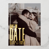 写真モダン日付の発結婚表を保存 箔シーズンポストカード (正面)