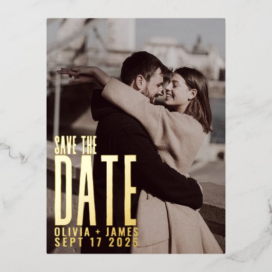 写真モダン日付の発結婚表を保存 箔シーズンポストカード (正面)