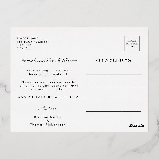 写真モダン日付の金ゴールドを保結婚存 箔招待状ポストカード (裏面)