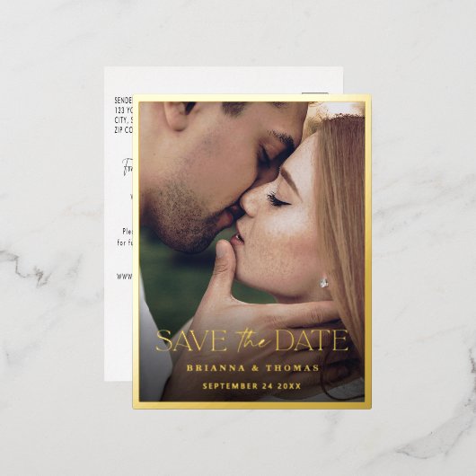 写真モダン日付の金ゴールドを保結婚存 箔招待状ポストカード (正面/裏面)