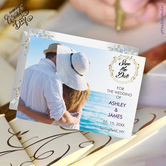 写真モダン日付の金ゴールドフローラを保存 招待状