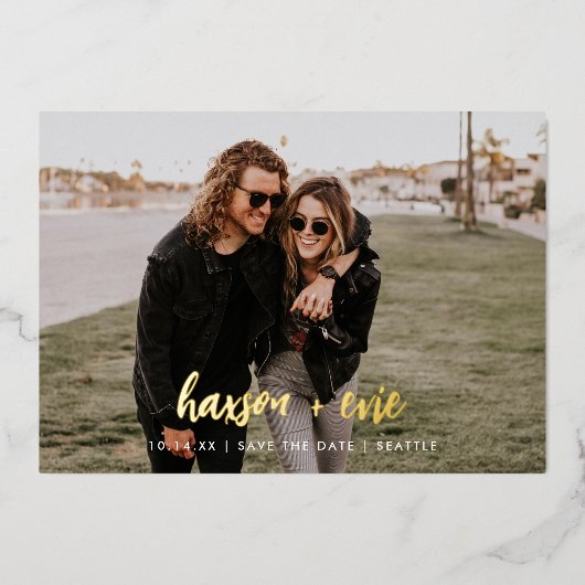 写真モダン日付フォイル名はっきりしたを保存 箔招待状 (正面)