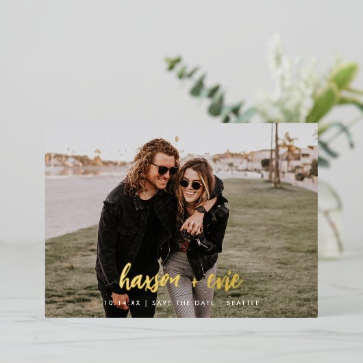 写真モダン日付フォイル名はっきりしたを保存 箔招待状 (立ち正面)