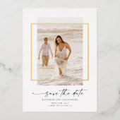 写真モダン日付金ゴールドの保実在存 箔招待状 (正面)