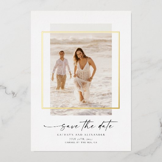 写真モダン日付金ゴールドの保実在存 箔招待状 (正面)