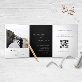 写真モダン書道オールインワンブラック結婚ズ 三つ折り招待状