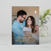 写真モダン書道結婚式の日付の保存 箔招待状 (立ち正面)