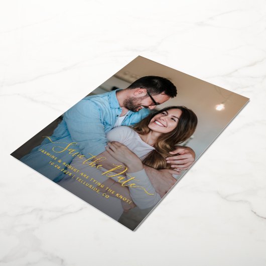 写真モダン書道結婚式の日付の保存 箔招待状 (回転した状態)