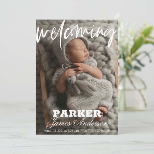 写真モダン歓迎の誕生のお知らせ 招待状 (スタンド正面)