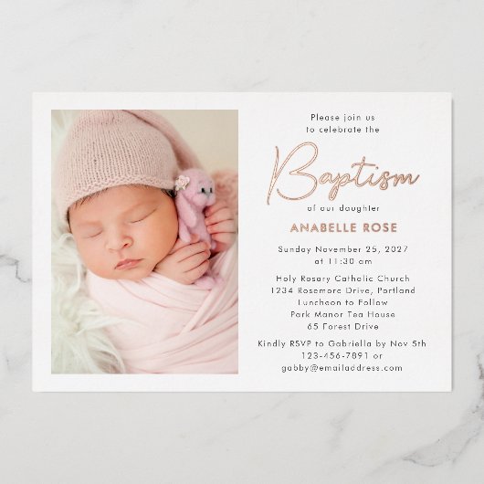 写真モダン洗礼バラ金ゴールド 箔招待状 (正面)