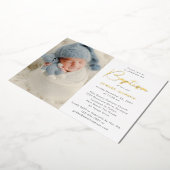 写真モダン洗礼金ゴールド 箔招待状 (回転した状態)