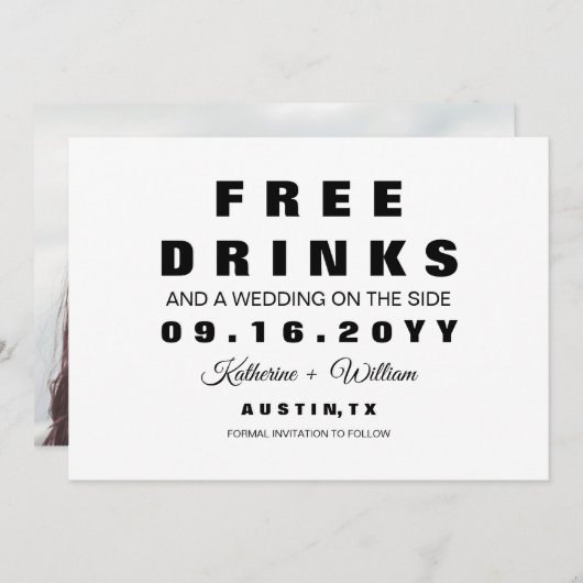 写真モダン無料ドリンク日付カードを保存 セーブザデート (正面/裏面)