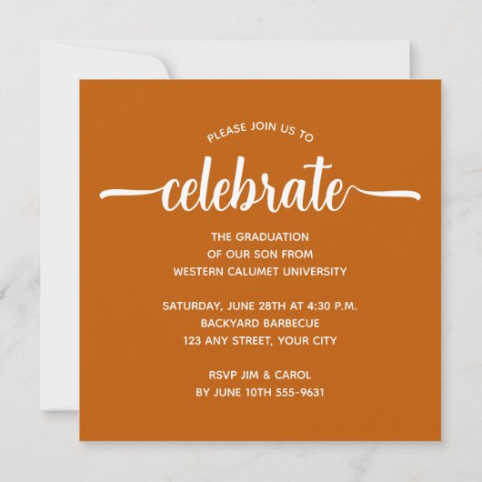 写真モダン燃えたオレンジの卒業 招待状 (裏面)