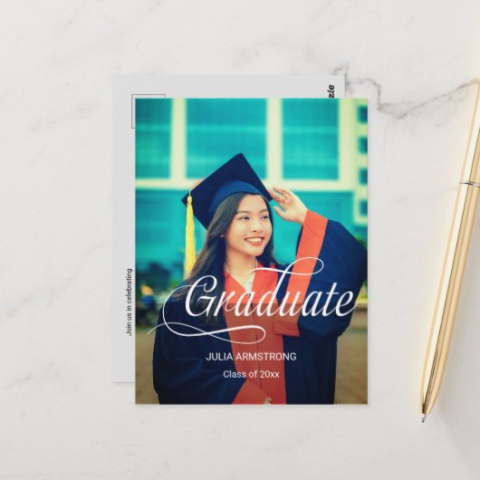 写真モダン独身のシンプルスクリプト卒業カード ポストカード (正面/裏面インサイチュ)