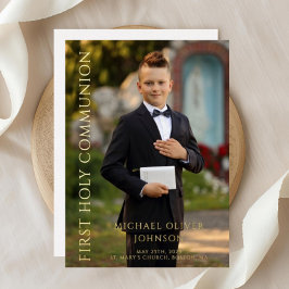 写真モダン男の子ファースト・ホリー・コミュニオン金ゴールド 箔招待状