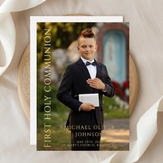 写真モダン男の子ファースト・ホリー・コミュニオン金ゴールド 箔招待状