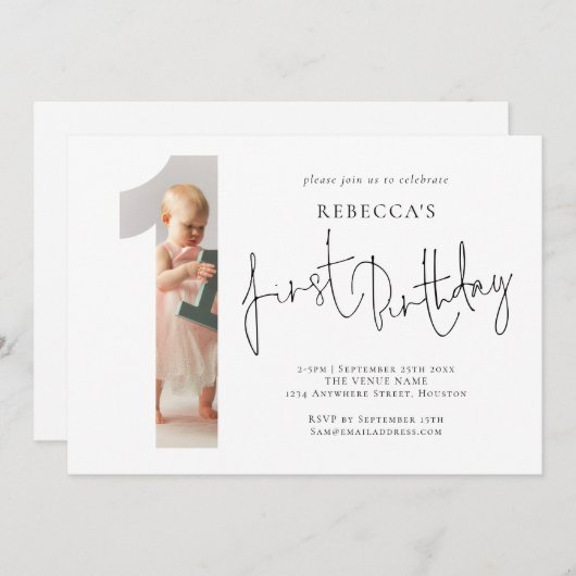 写真モダン番号1形1歳の誕生日 招待状 (正面/裏面)