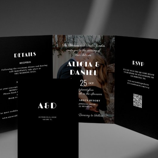 写真モダン白黒rsvp詳細結婚s 三つ折り招待状