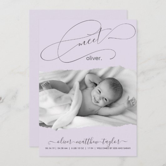 写真モダン破れた紙フレームの誕生発表 招待状 (正面/裏面)