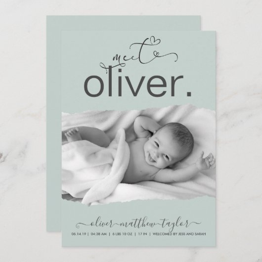 写真モダン破れた紙フレームの誕生発表 招待状 (正面/裏面)