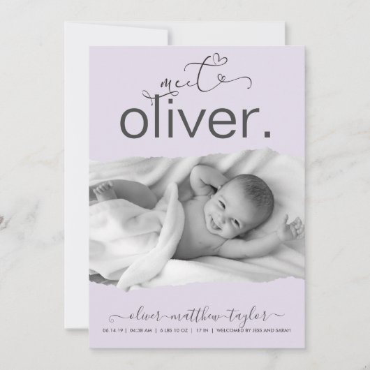 写真モダン破れた紙フレームの誕生発表 招待状 (正面)