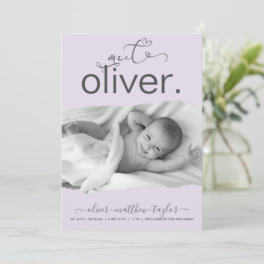 写真モダン破れた紙フレームの誕生発表 招待状 (スタンド正面)