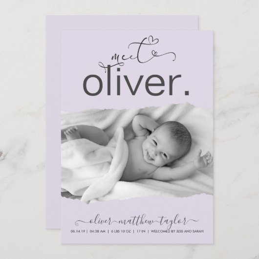 写真モダン破れた紙フレームの誕生発表 招待状 (正面/裏面)