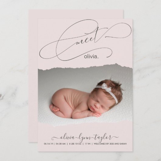 写真モダン破れた紙フレームの誕生発表 招待状 (正面/裏面)