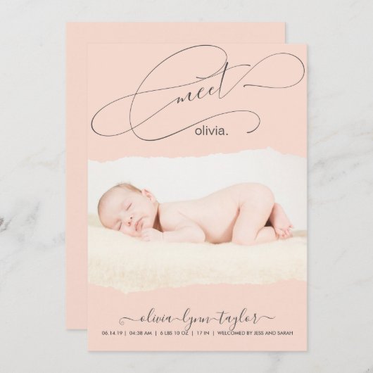 写真モダン破れた紙フレームの誕生発表 招待状 (正面/裏面)