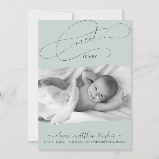 写真モダン破れた紙フレームの誕生発表 招待状 (正面)