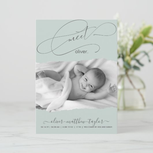 写真モダン破れた紙フレームの誕生発表 招待状 (スタンド正面)