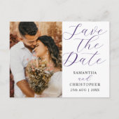 写真モダン紫の日付を保存結婚する 案内ポストカード (正面)