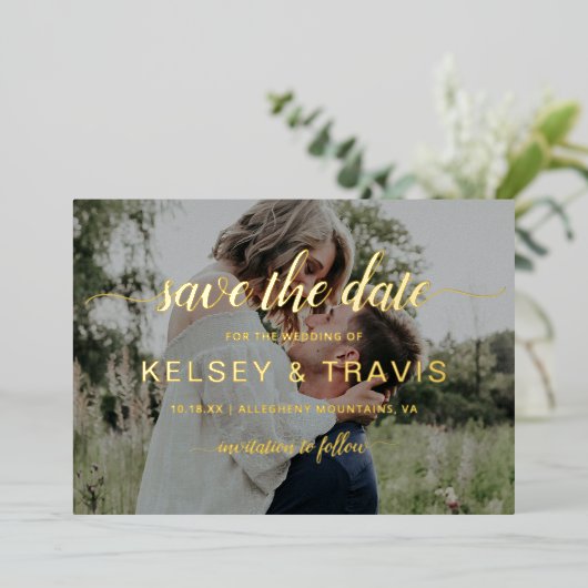 写真モダン結エレガント婚日付金ゴールドの保存 箔招待状 (立ち正面)