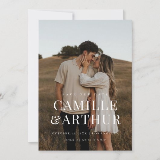 写真モダン結スタイリッシュ婚式の日付を保存 招待状 (正面)