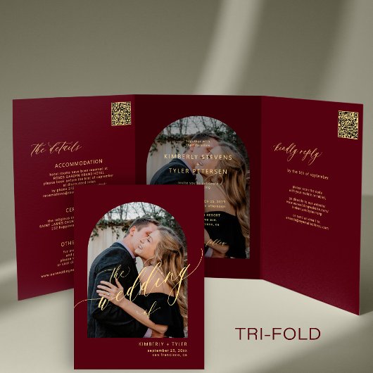 写真モダン結ミニマル婚rsvp詳細burgundy 三つ折り招待状