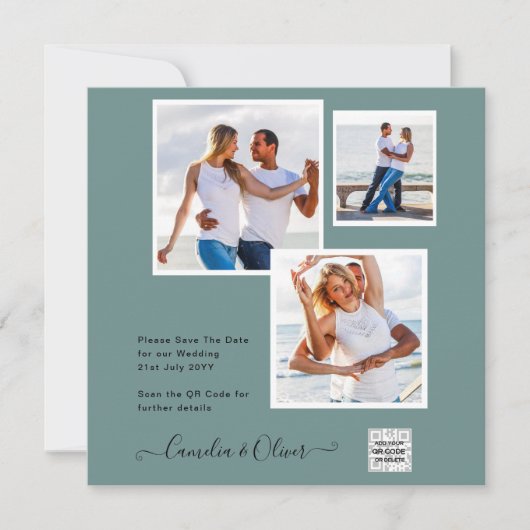 写真モダン結婚式の招待QRコード出欠グリーン (正面)