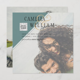 写真モダン結婚式の招待QRコード出欠グリーン