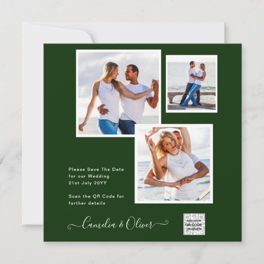 写真モダン結婚式の招待QRコード出欠グリーン (正面)
