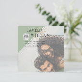 写真モダン結婚式の招待QRコード出欠グリーン (スタンド正面)