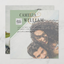 写真モダン結婚式の招待QRコード出欠グリーン