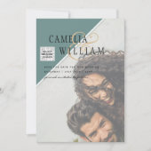 写真モダン結婚式の招待QRコード出欠グリーン 招待状 (正面)