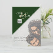 写真モダン結婚式の招待QRコード出欠グリーン 招待状 (スタンド正面)