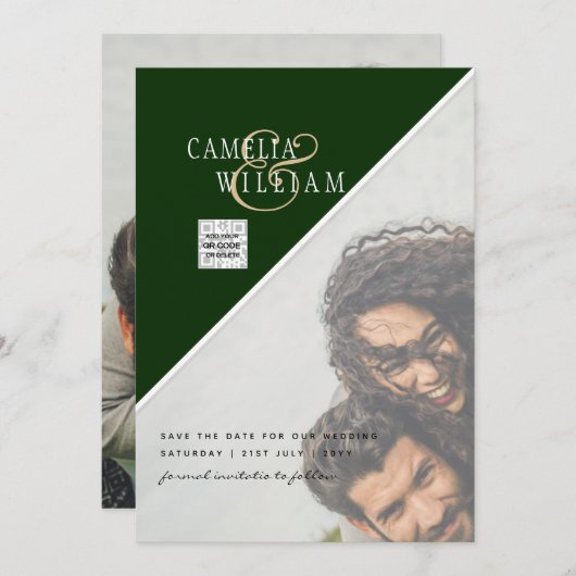 写真モダン結婚式の招待QRコード出欠グリーン 招待状 (正面/裏面)