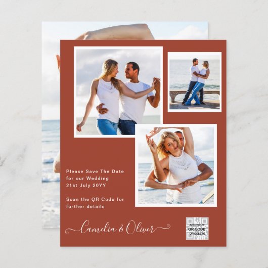 写真モダン結婚式の招待QRコードRSVPシナモン (正面/裏面)