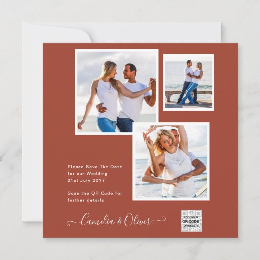 写真モダン結婚式の招待QRコードRSVPシナモン (正面)