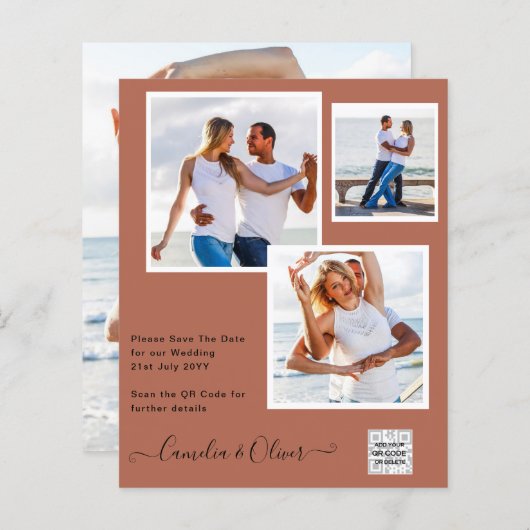 写真モダン結婚式の招待QRコードRSVPシナモン (正面/裏面)