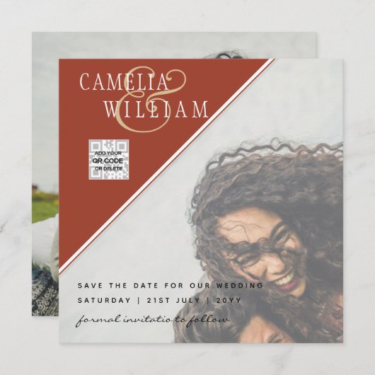 写真モダン結婚式の招待QRコードRSVPシナモン (正面/裏面)