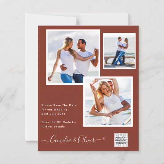 写真モダン結婚式の招待QRコードRSVPシナモン (正面)