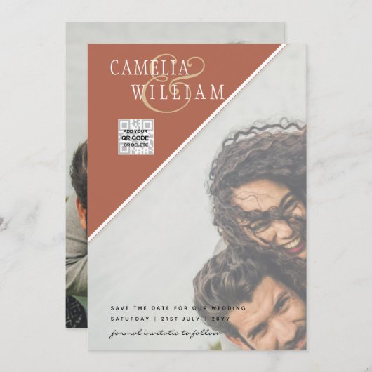 写真モダン結婚式の招待QRコードRSVPシナモン 招待状 (正面/裏面)