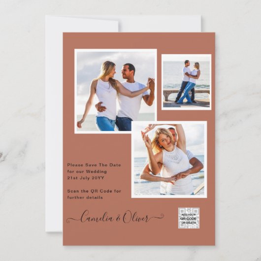 写真モダン結婚式の招待QRコードRSVPシナモン 招待状 (正面)